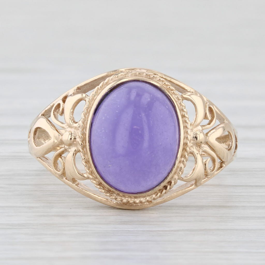 Light Gray Lavender Jadeite Jade Oval Cabochon Solitaire Ring 10k Yellow Gold Size 7.75