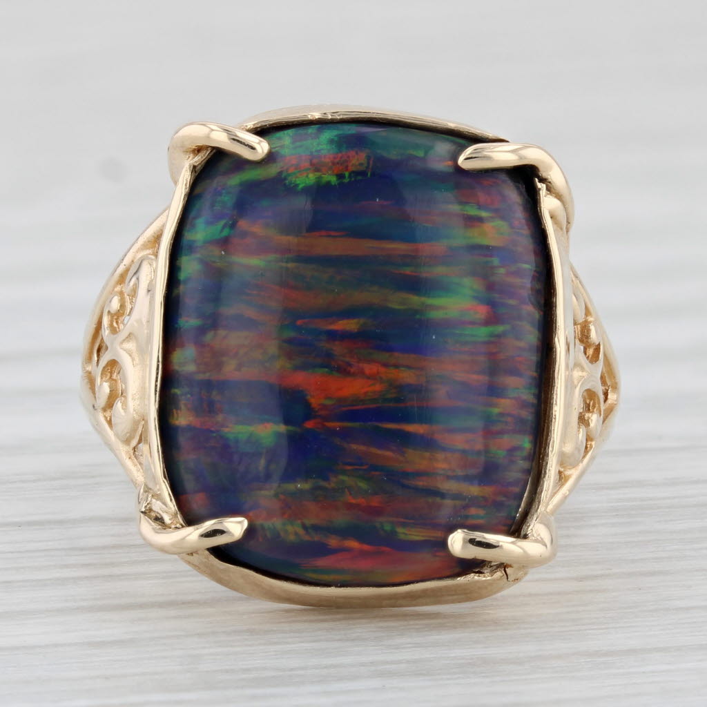 Dark Slate Gray Lab Created Opal Ring 14k Yellow Gold Size 8.75 Cushion Cabochon Solitaire