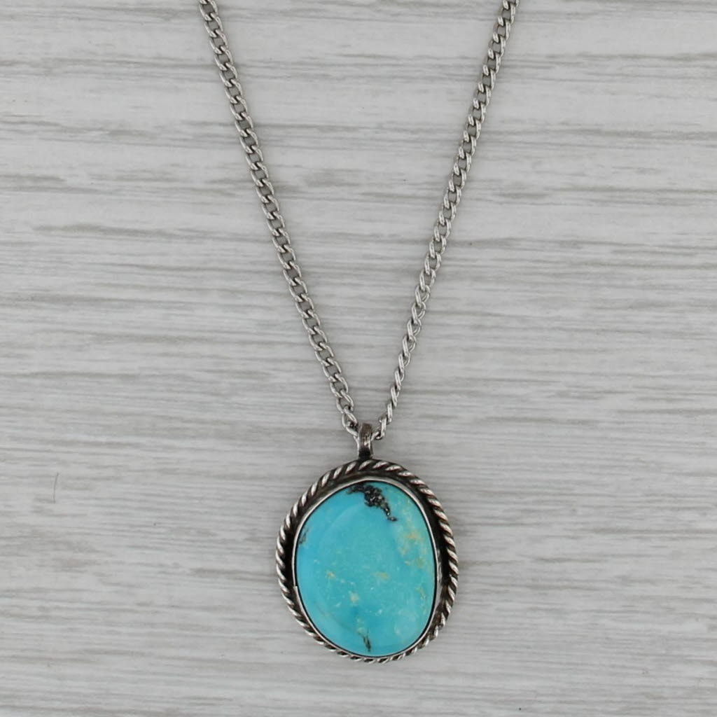 Turquoise Pendant Necklace Sterling Silver 16" Curb Chain Oval Cabochon