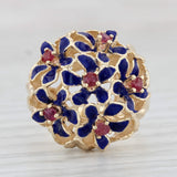 Light Gray 0.24ctw Ruby Blue Flower Cluster Ring 14k Yellow Gold Enamel Size 6.5