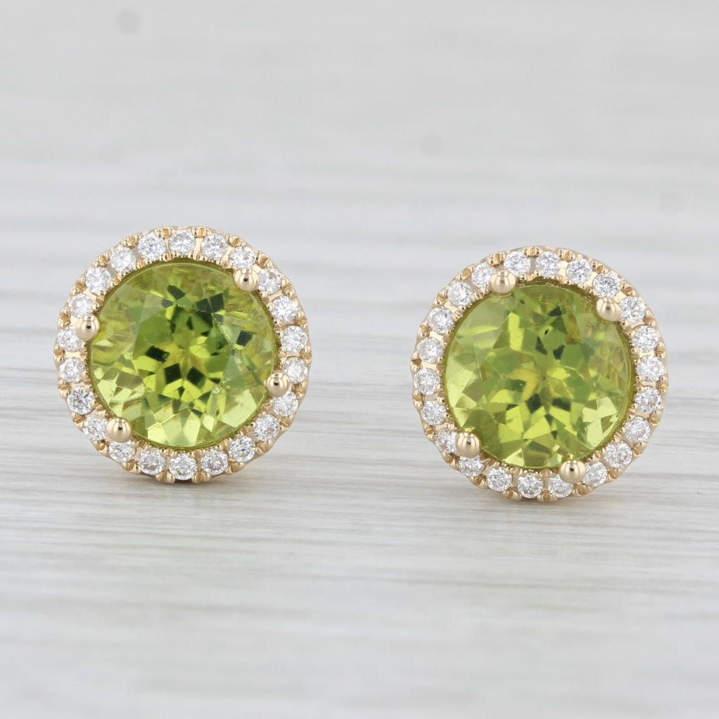 Light Gray New 3.10ctw Round Peridot Diamond Halo Stud earrings 14k Yellow Gold