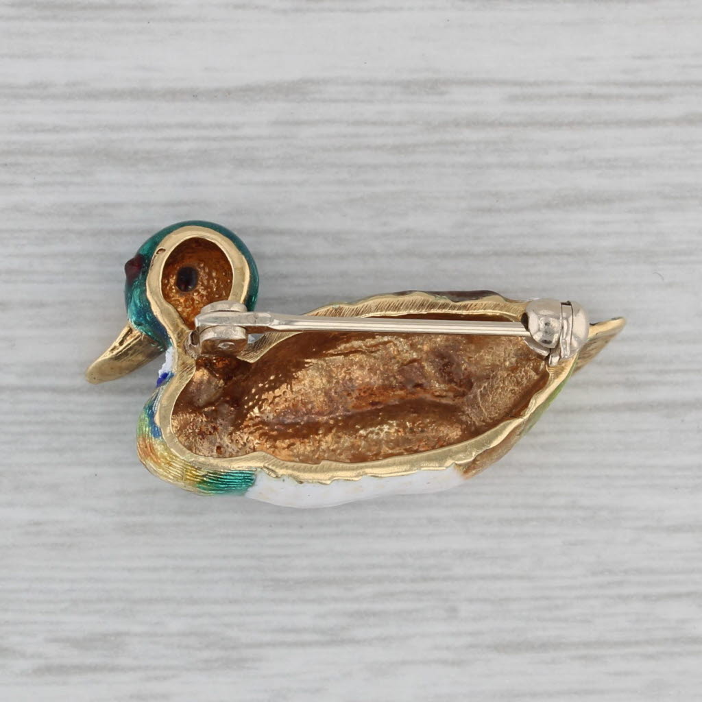 Gray Mallard Duck Pin 14k Yellow Gold Vibrant Enamel Vintage Brooch