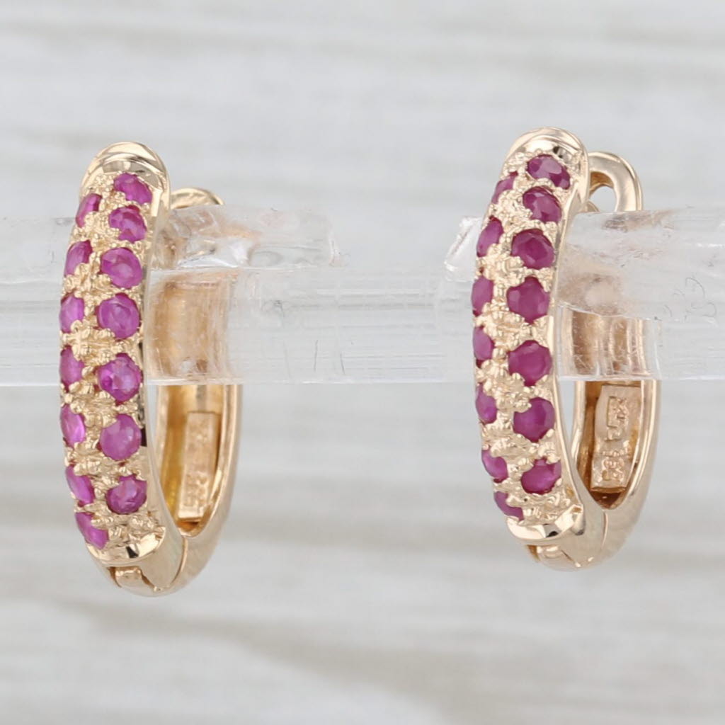 Light Gray 0.54ctw Ruby Hoop Huggie Earrings 14k Yellow Gold Small Round Hoops
