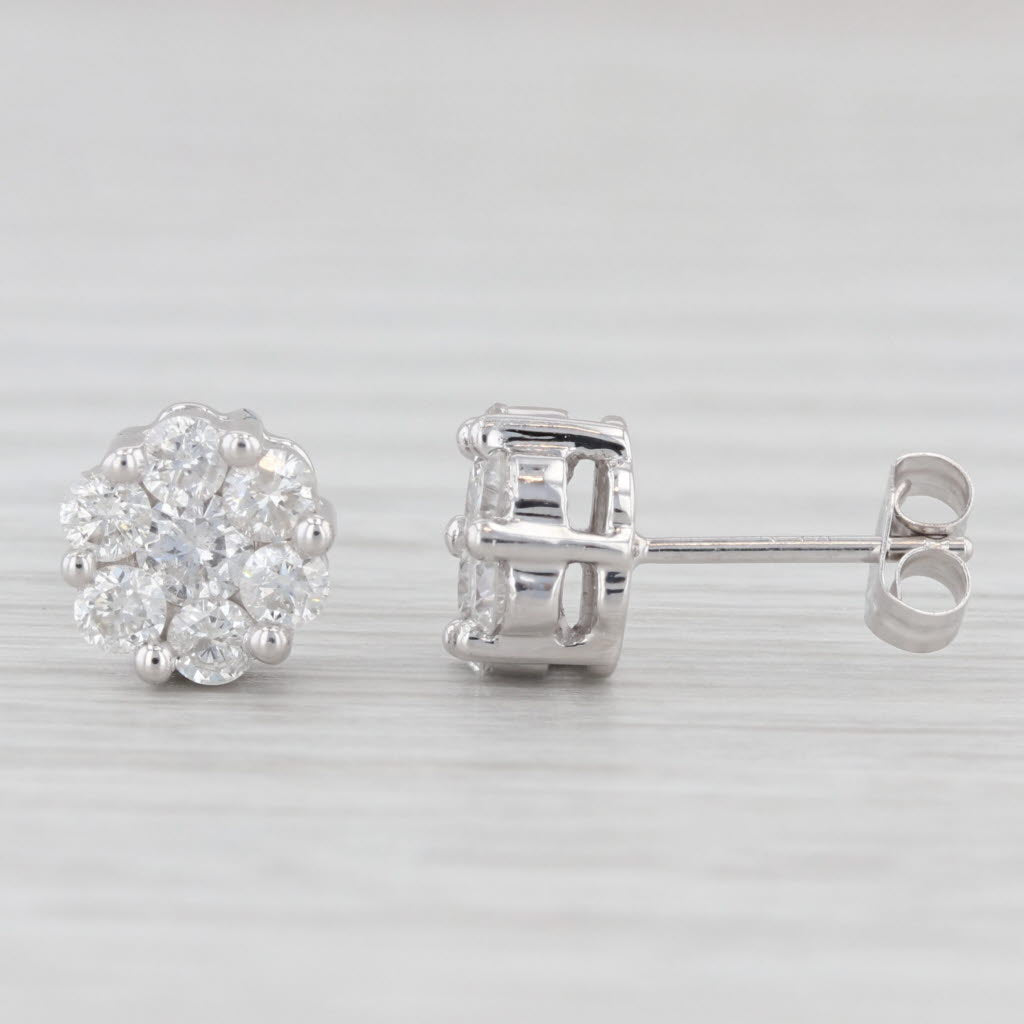 Light Gray 0.90ctw Diamond Cluster Stud Earrings 14k White Gold Flower Studs