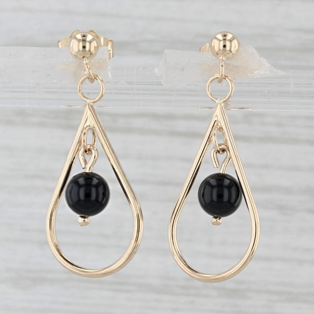 Light Gray Onyx Teardrop Earrings 14k Yellow Gold Pierced Dangles