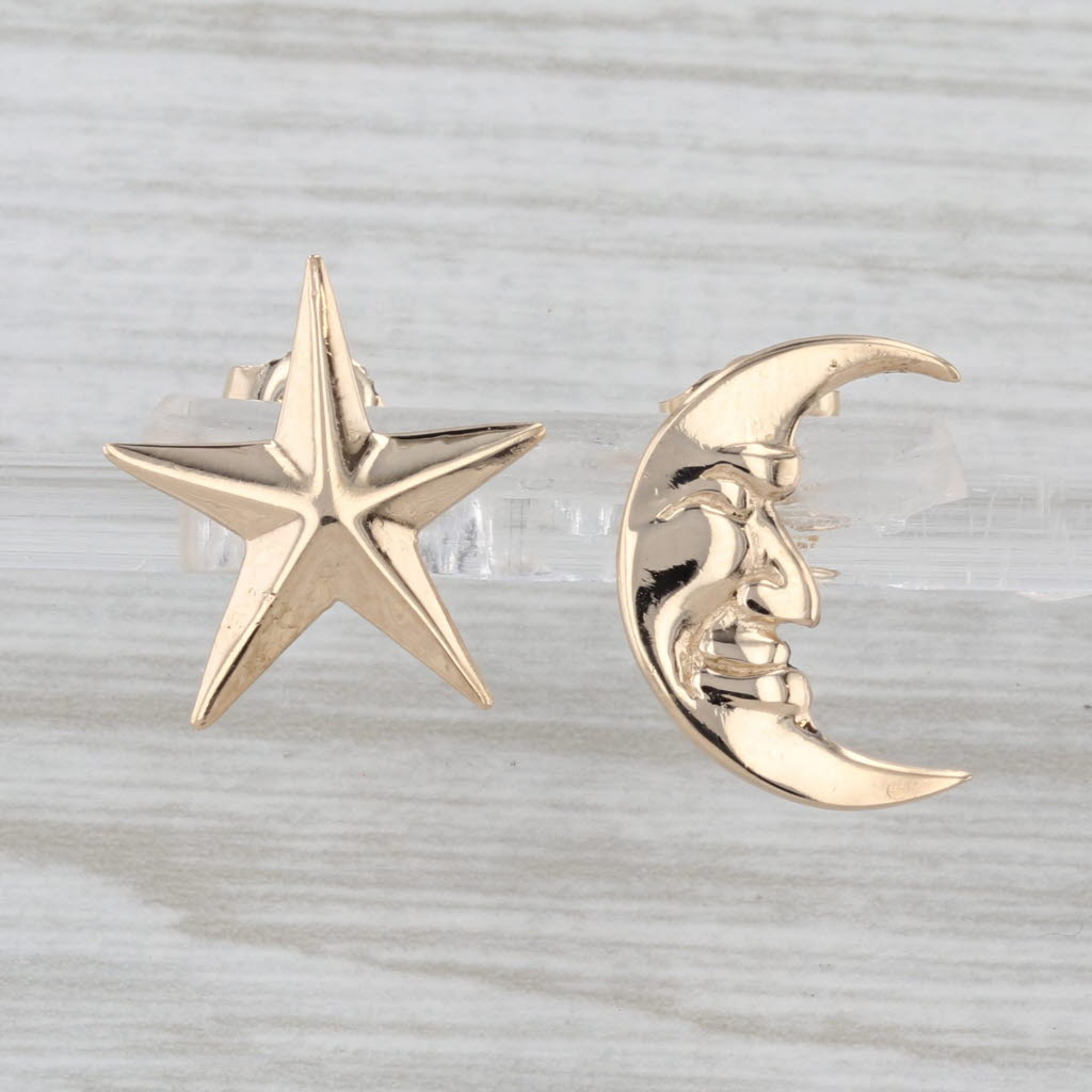 Moon & Star Stud Earrings 14k Yellow Gold Celestial Studs Moon w/ Face