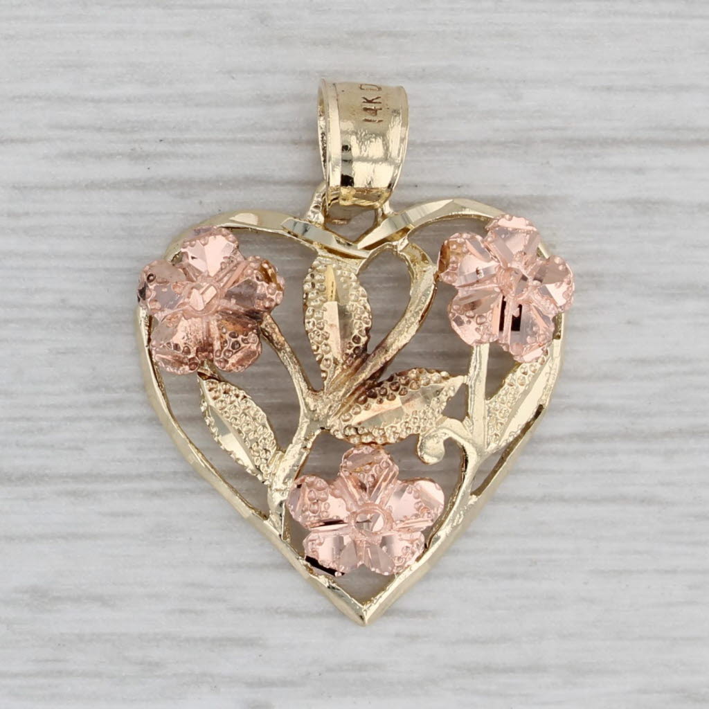 Gray Black Hills Gold Floral Heart Pendant 14k Yellow Rose Flowers