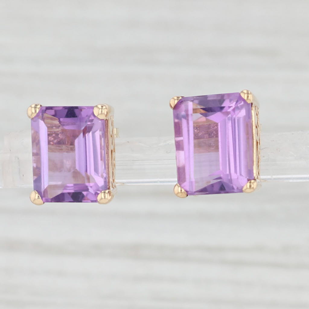 Light Gray 6.5ctw Amethyst Stud Earrings 10k Yellow Gold Emerald Cut Solitaires