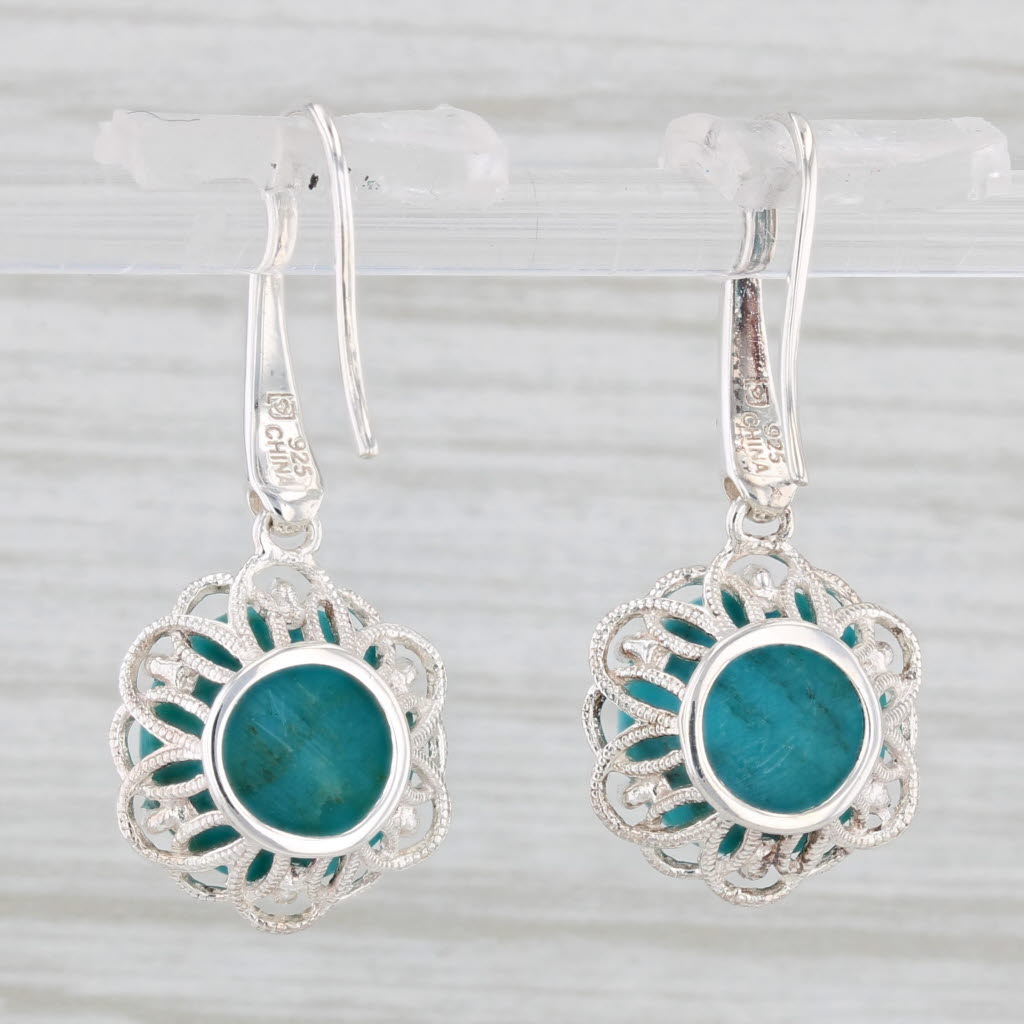 Light Gray Turquoise Flower Dangle Earrings Sterling Silver Hook Post Drops