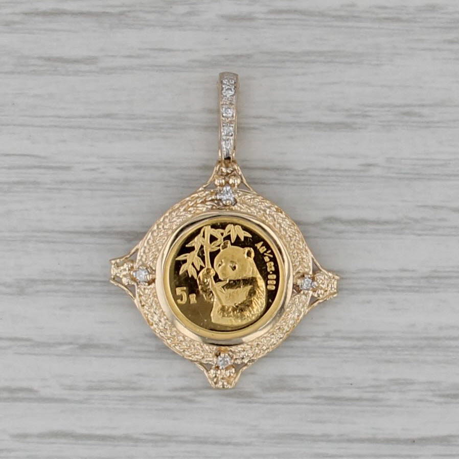 Diamond 1995 Chinese Panda Coin Pendant 14k 1/20oz 999 Gold 5 Yuan