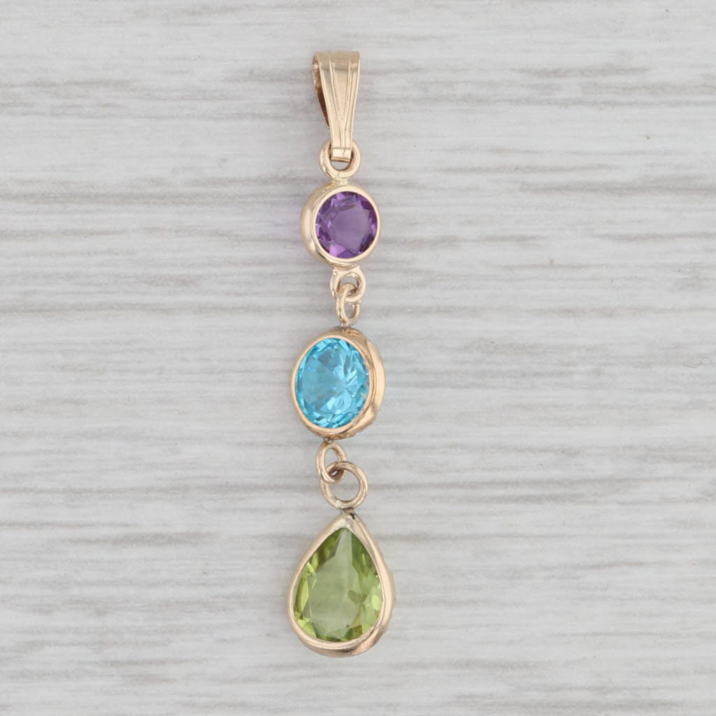 Light Gray 1.74ctw Amethyst Peridot Cubic Zirconia Journey Drop Pendant 10k Yellow Gold