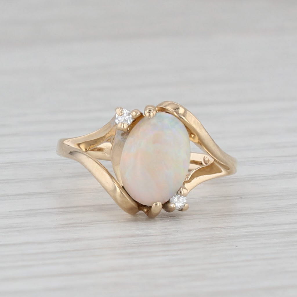 Light Gray Opal Oval Cabochon Diamond Ring 14k Yellow Gold Size 4.75