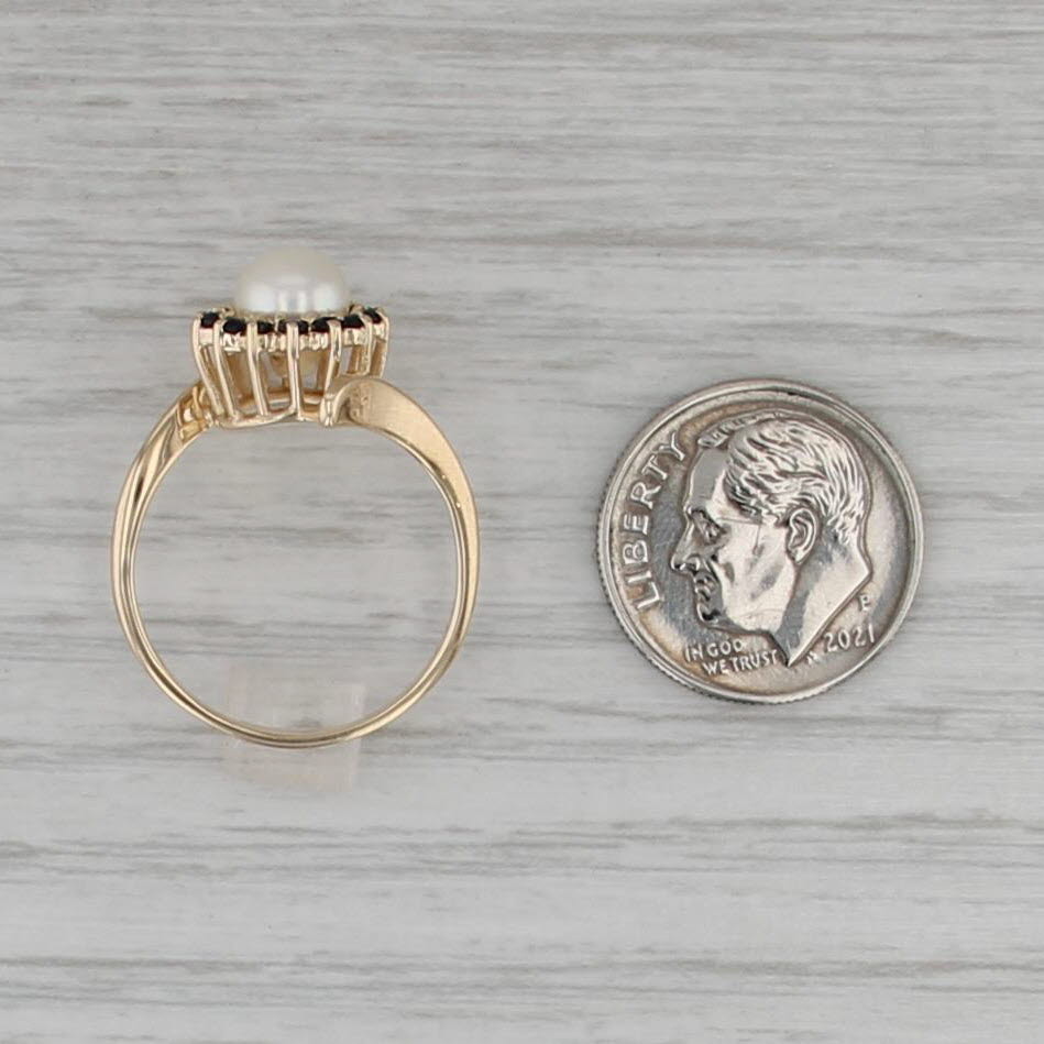 Cultured Pearl Blue Sapphire Halo Bypass Ring 14k Yellow Gold Size 7.25