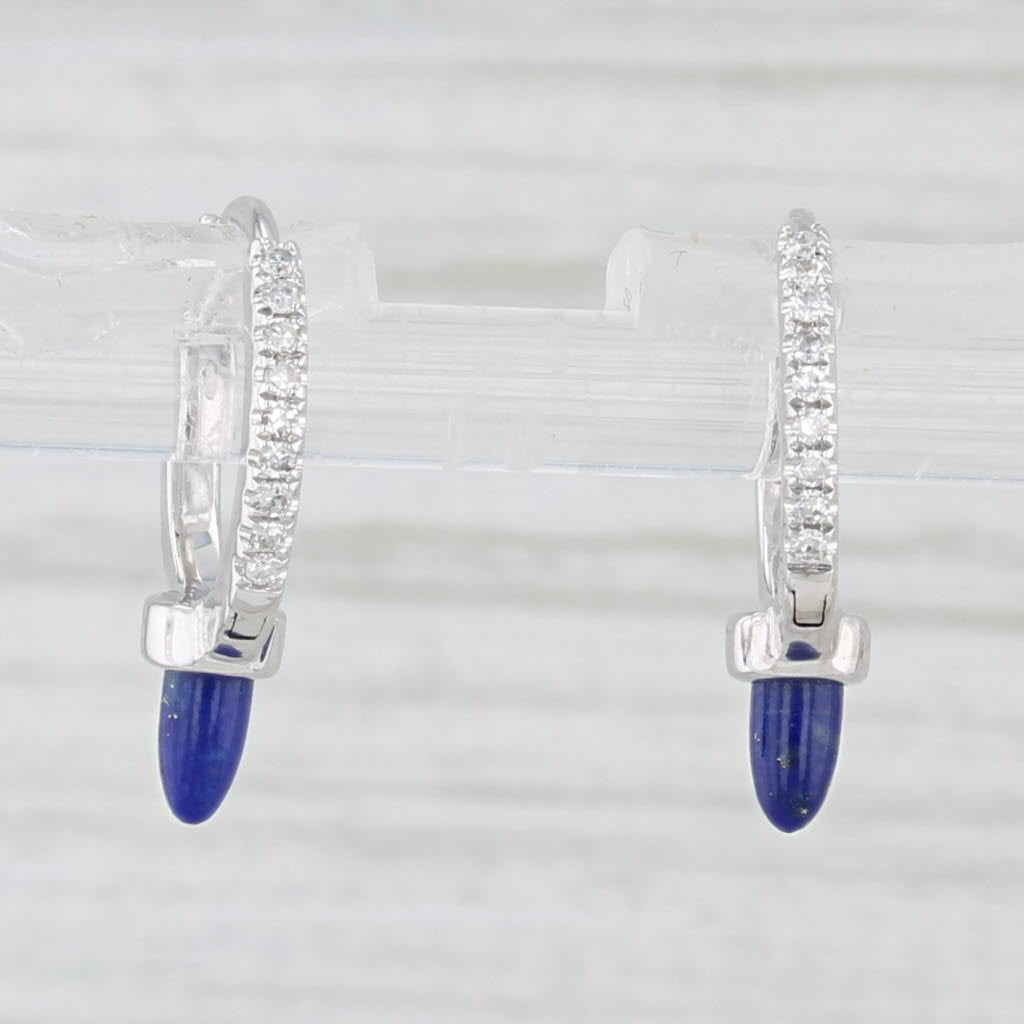 Light Gray New Lapis Lazuli Diamond Hoop Earrings 14k White Gold Huggie Hoops