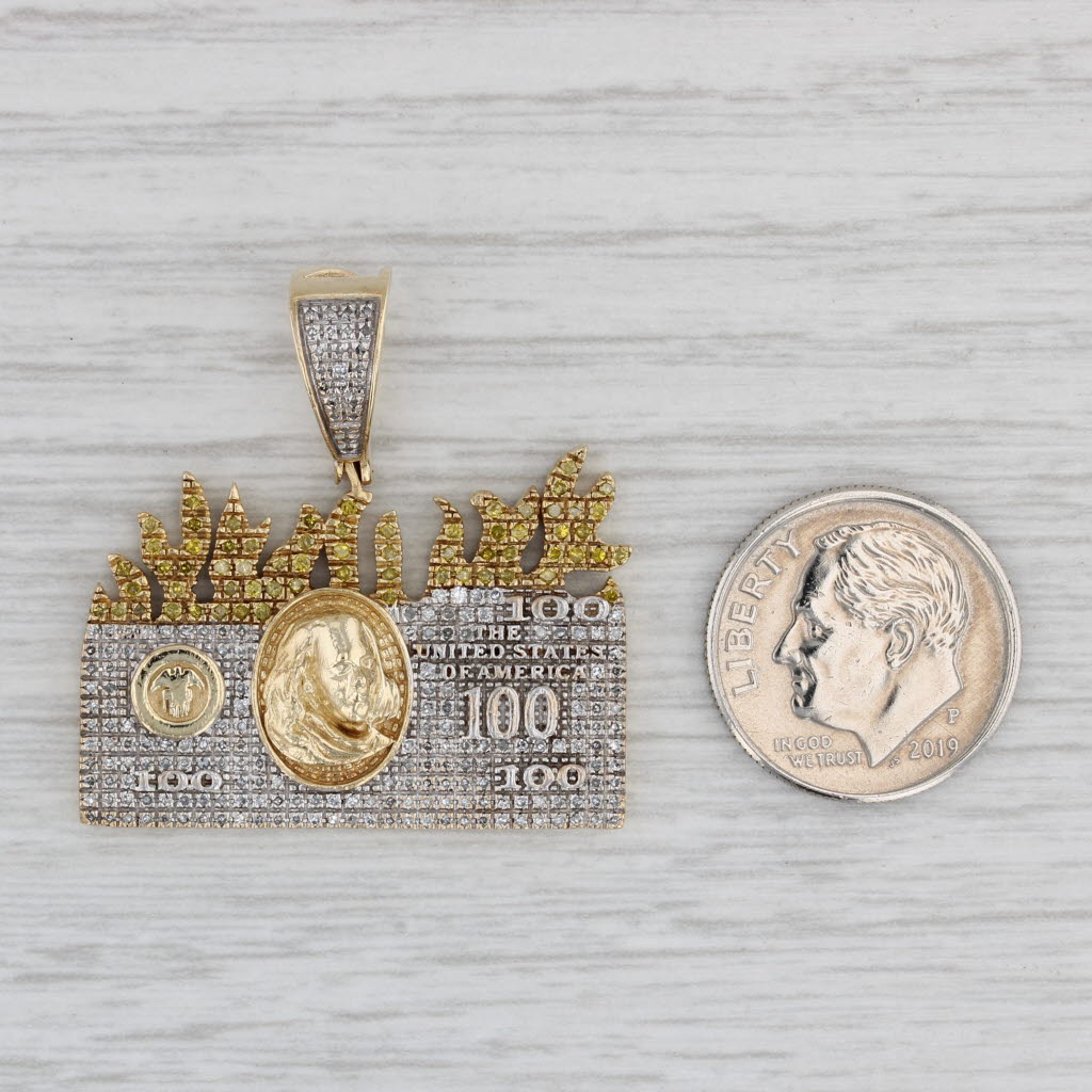 Gray 0.32ctw Diamond 100 Dollar Bill Pendant 10k Gold Statement