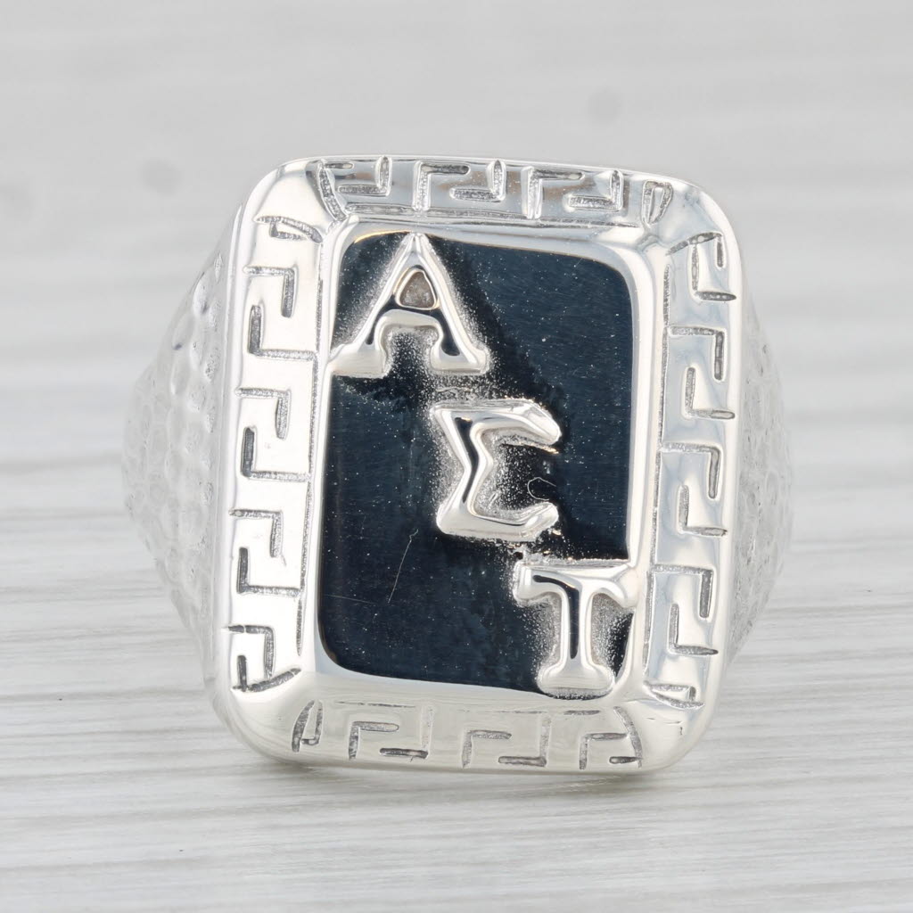 Light Gray Alpha Sigma Tau Sorority Signet Ring Sterling Silver Size 8 Greek Key Pattern