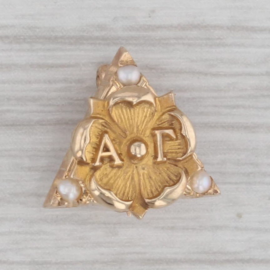 Gray Alpha Gamma Delta Sorority Mothers Pin 10k Gold Pearl Vintage Flower Lapel