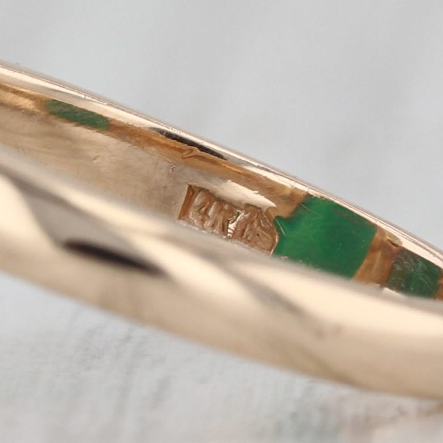 Vintage Church & Co Carved Glass Cameo Ring 14k Yellow Gold Size 6 Green White
