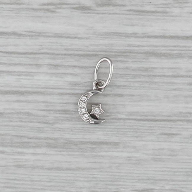Tiny Diamond Crescent Moon Star Charm 14k White Gold Small Drop Pendant
