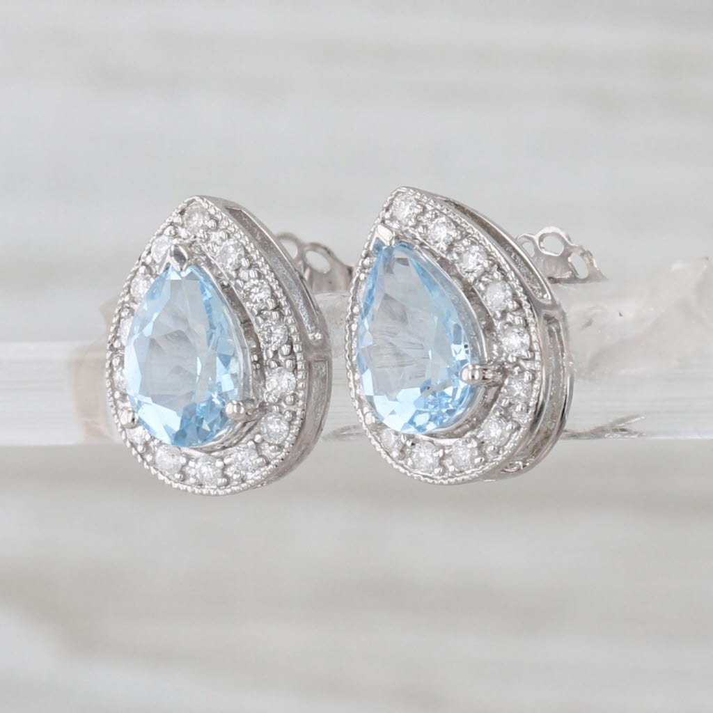 1.50ctw Aquamarine Diamond Halo Teardrop Stud Earrings 14k White Gold