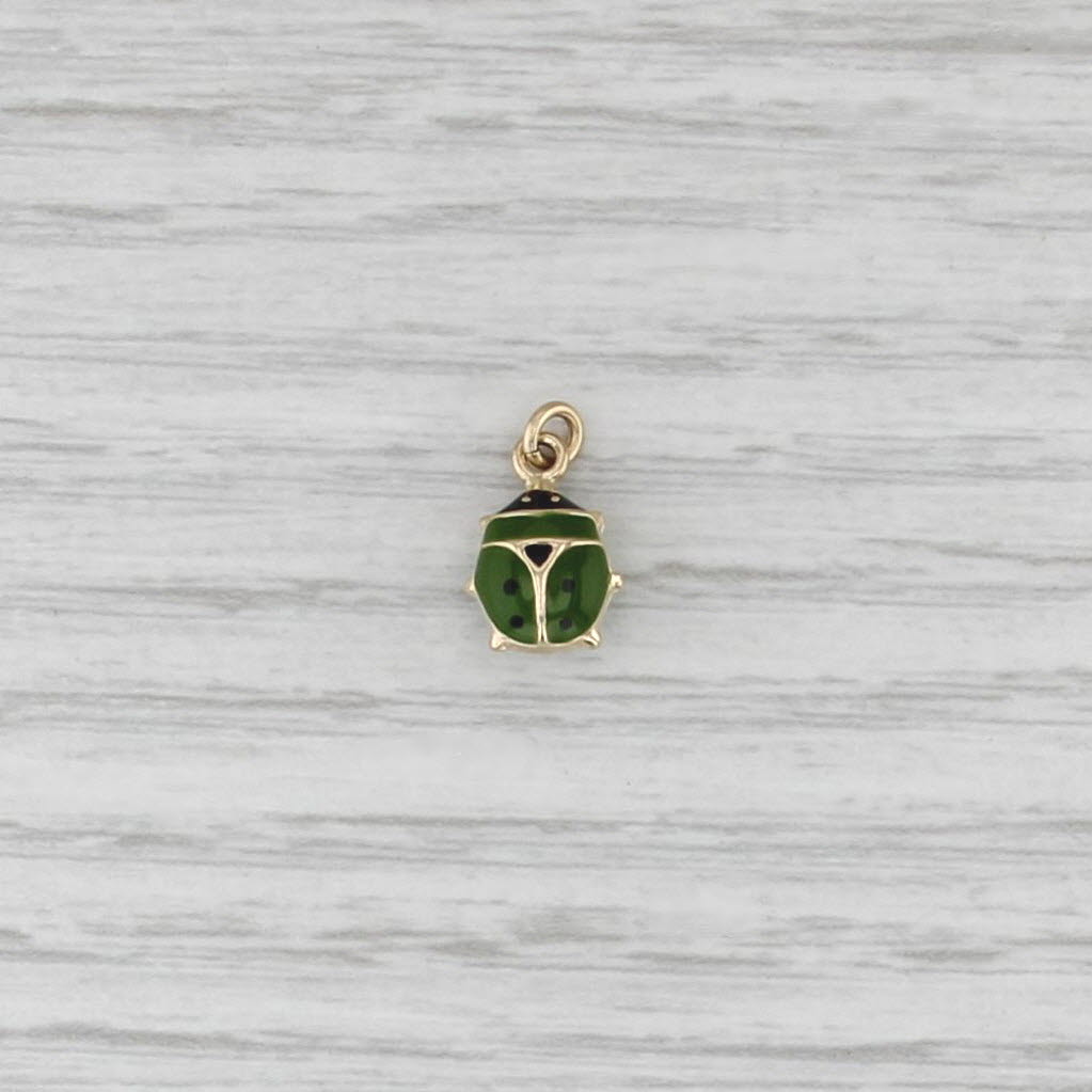 Green Ladybug Charm 14k Yellow Gold Resin Small Drop Pendant Good Luck