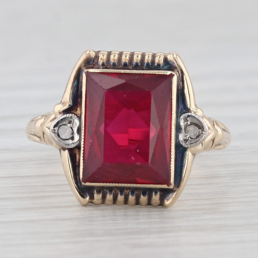 Light Gray Vintage 4.56ctw Lab Created Ruby Diamond Ring 10k Yellow Gold Size 7