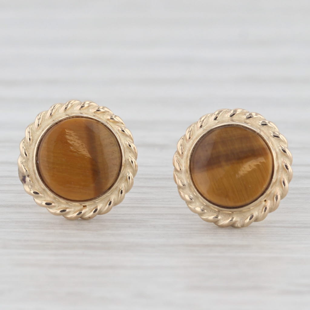 Light Gray Tiger's Eye Stud Earrings 14k Yellow Gold Round Solitaire Studs