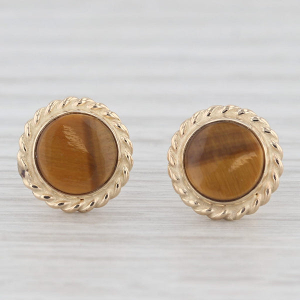 Tiger's Eye Stud Earrings 14k Yellow Gold Round Solitaire Studs