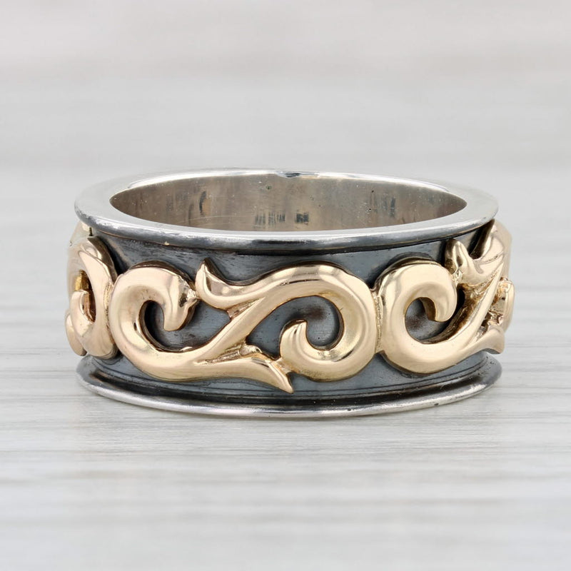 Light Gray Ornate Scroll Work Ring 14k Gold Sterling Silver Size 8 Band
