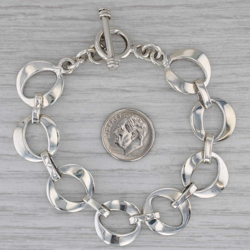 Dark Gray Circle Link Statement Bracelet Sterling Silver 7" 16mm