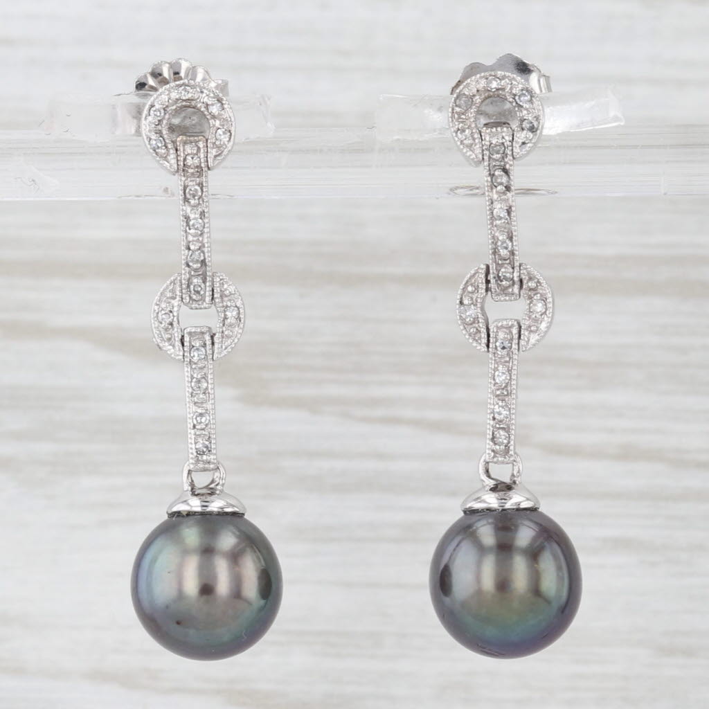 Light Gray Diamond Black Pearl 14k White Gold Dangle Earrings