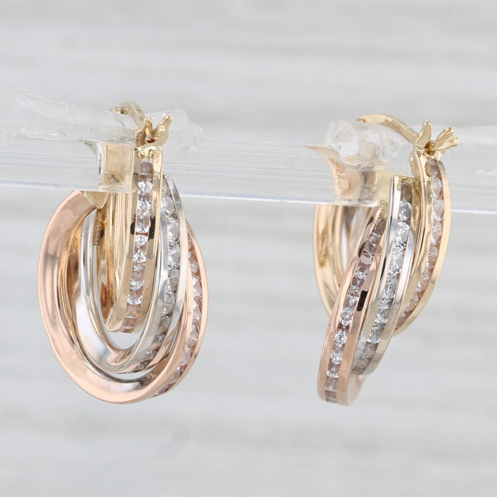 Light Gray Simulated Diamond Tri-Toned Hoop Earrings 18k Yellow White Rose Gold Round Hoops