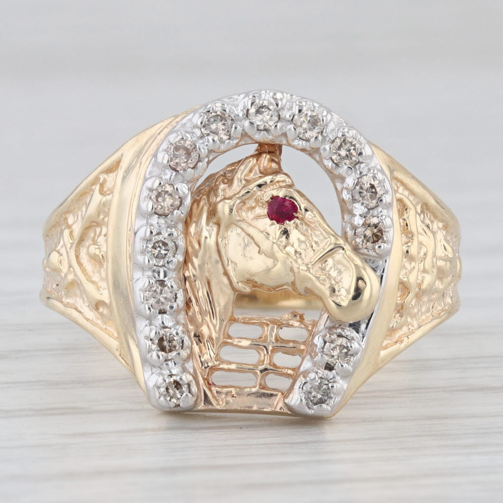 Light Gray 0.20ctw Diamond Horseshoe Horse Ring 14k Gold Size 11.5 Western Lab Created Ruby