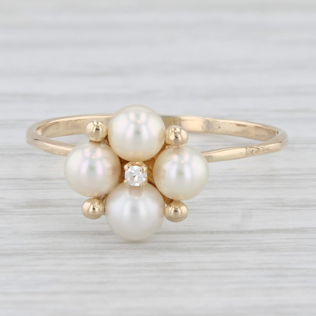 Light Gray Cultured Pearl Cluster Diamond Ring 14k Yellow Gold Size 8