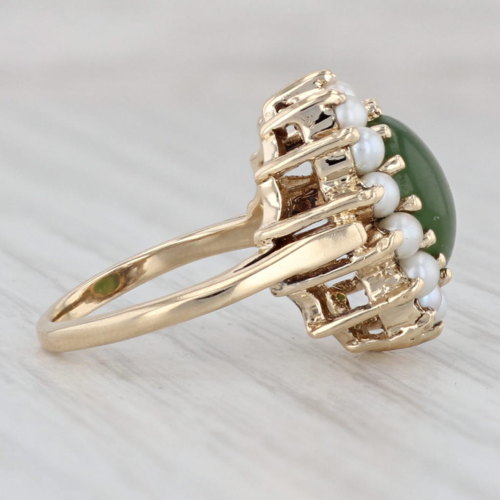 Gray Green Nephrite Jade Cultured Pearl Halo Ring 14k Yellow Gold Size 4.5