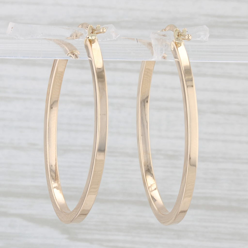 Light Gray New Beveled Oval Hoop Earrings 14k Yellow Gold Snap Top Pierced Hoops