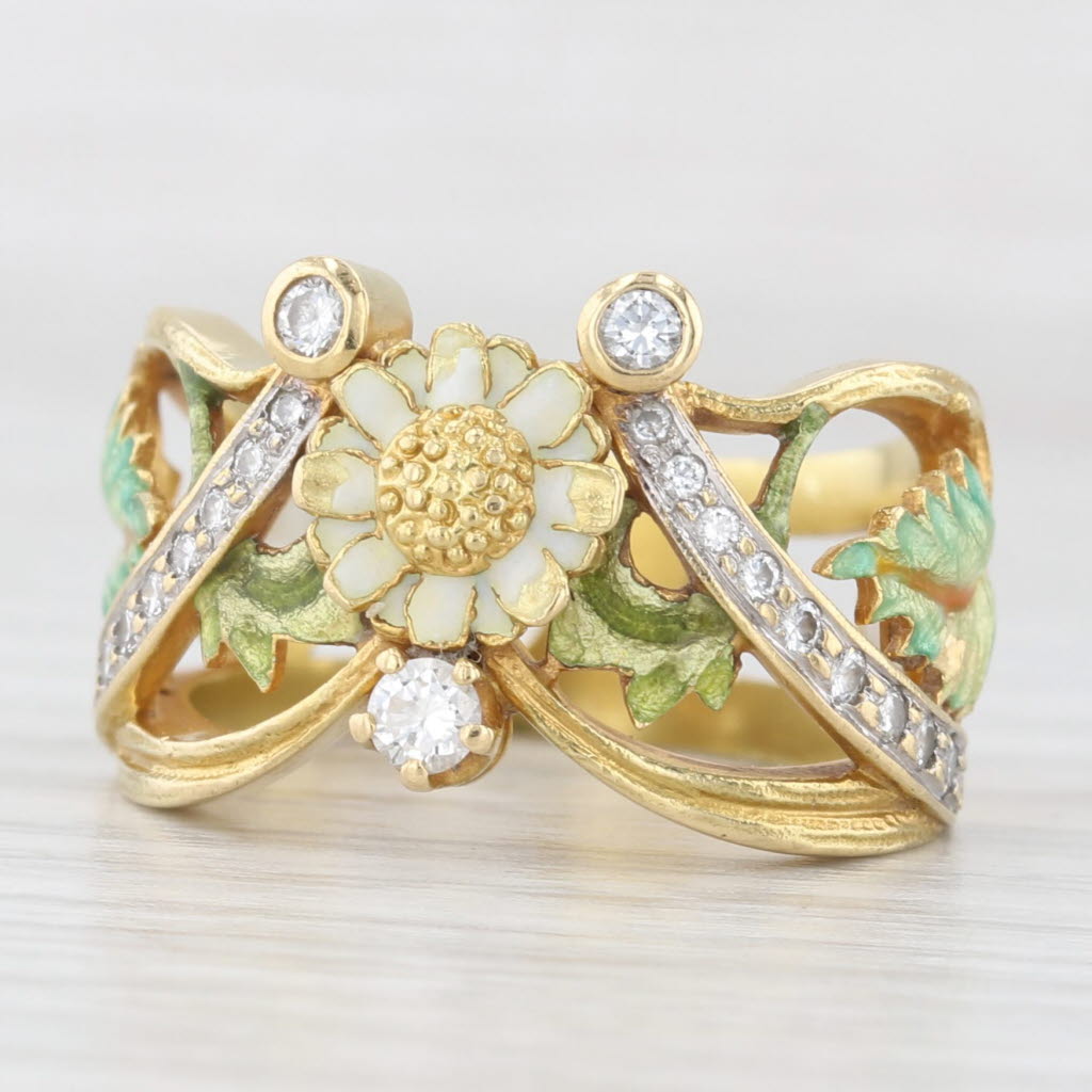 Light Gray Masriera 0.47ctw Diamond Flower Ring 18k Yellow Gold Enamel Size 6.5 Statement