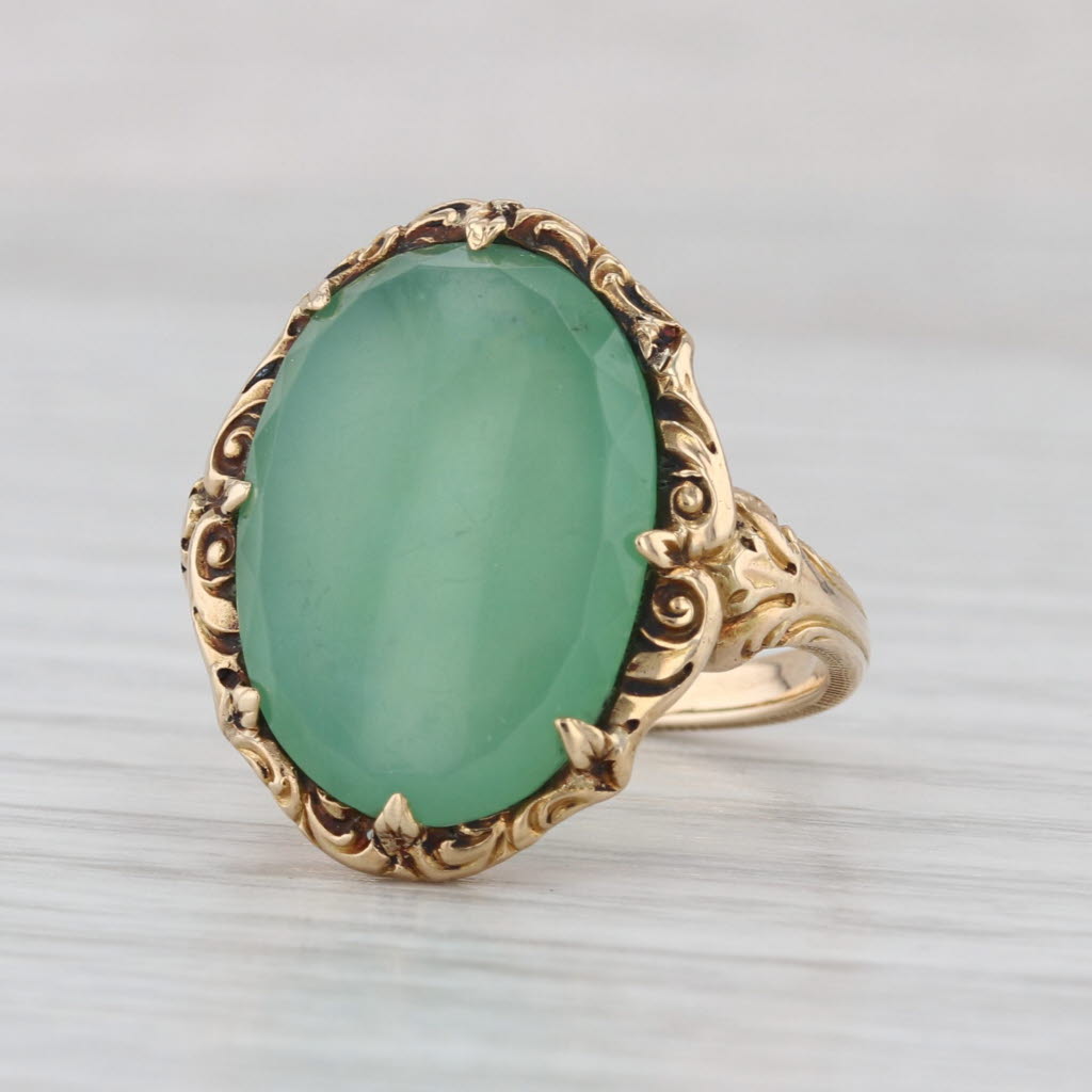 Vintage Ornate Green Chrysoprase Ring 14k Yellow Gold Size 6 Oval Solitaire