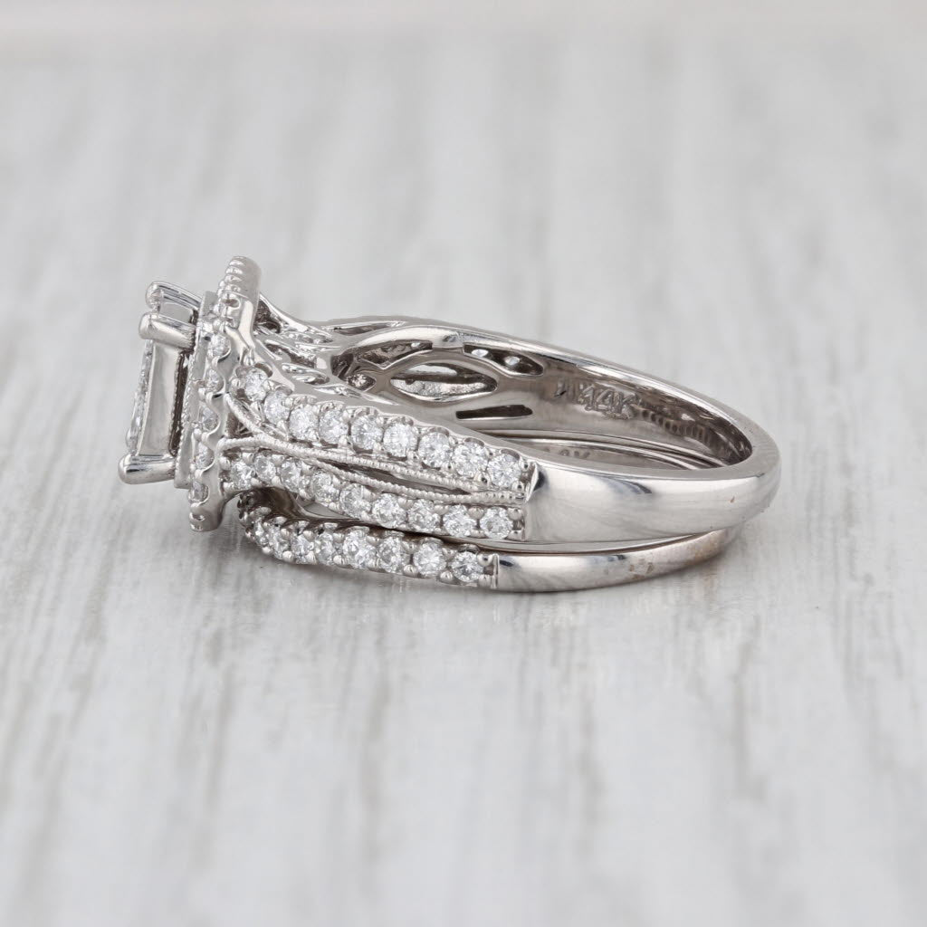 1.41ctw Diamond Halo Engagement Ring Wedding Band Bridal Set 14k White Gold Sz 7