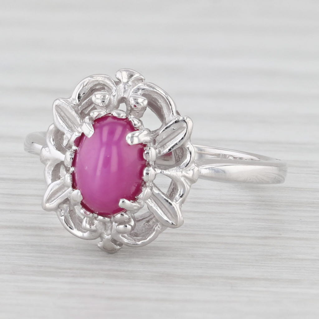 Lab Created Star Ruby Ring 10K White Gold Size 5.75 Oval Cabochon Soli