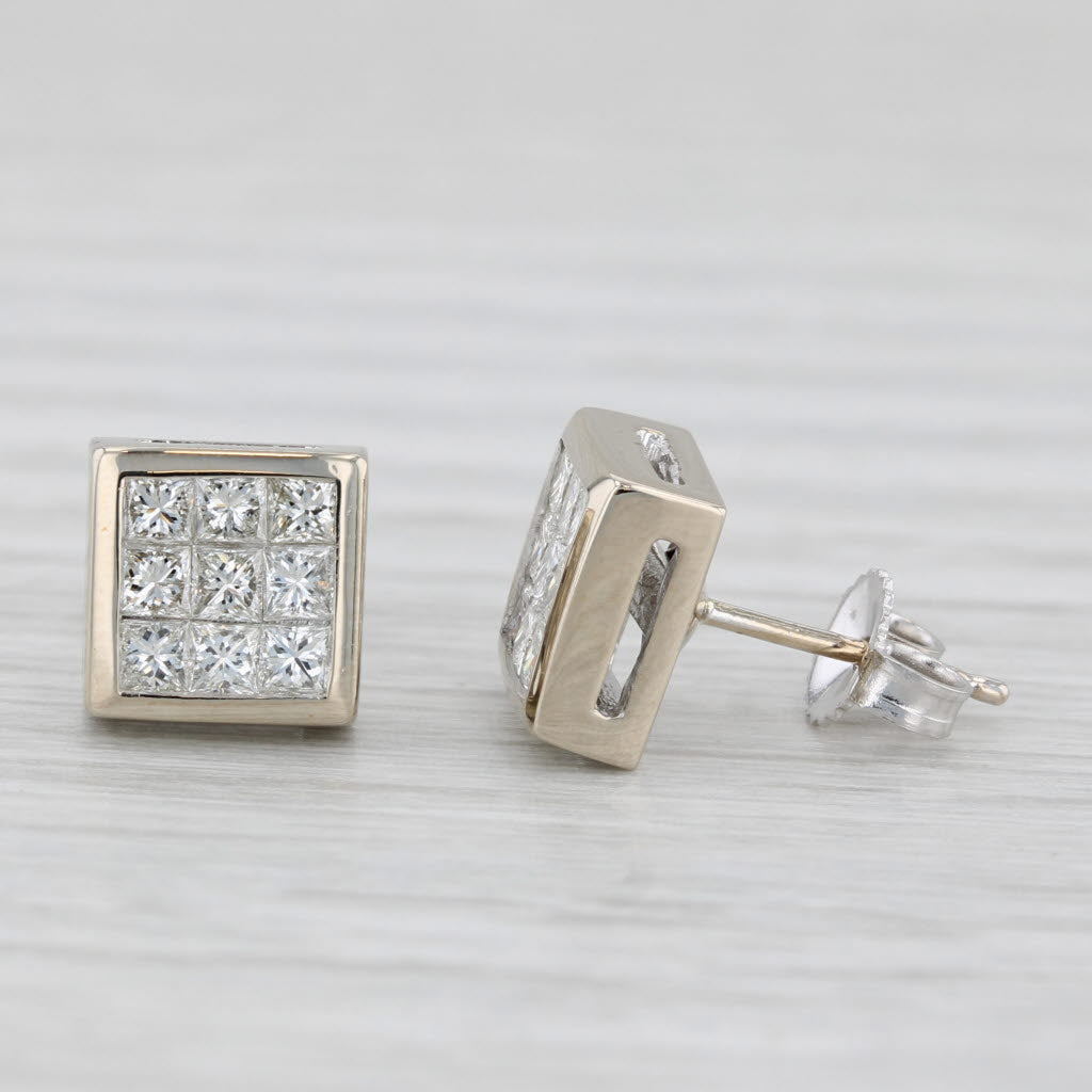 Light Gray 1ctw Princess Diamond Stud Earrings 18k White Gold