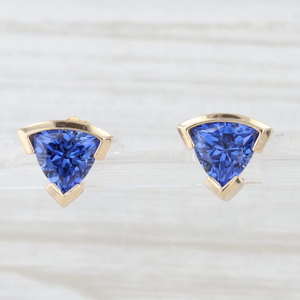 Light Gray 2ctw Tanzanite Trillion Solitaire Stud Earrings 14k Yellow Gold