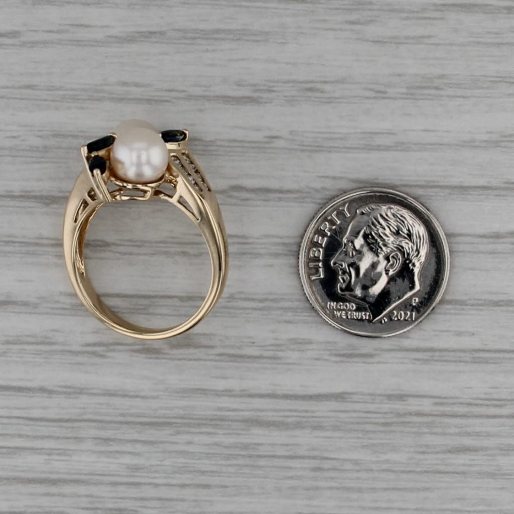 Culutred Pearl Sapphire Diamond Bypass Ring 14k Yellow Gold Size 6 Cocktail