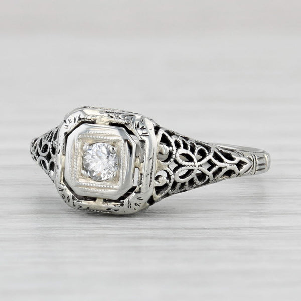 Light Gray Art Deco 0.10ct Diamond Solitaire Ring 18k White Gold Size 6,5 Engagement