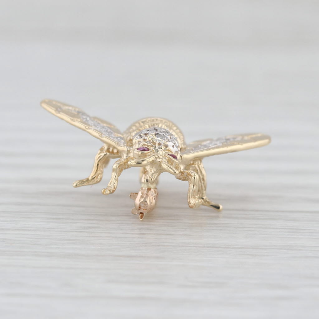 Diamond Ruby Bee Pin 10k Yellwo White Gold Bug Brooch Vintage Insect Jewelry