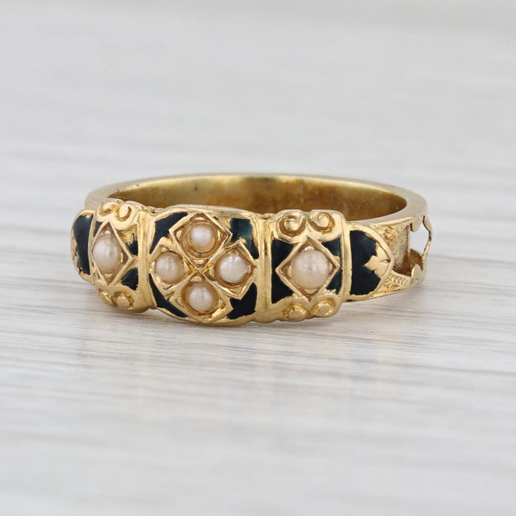 Antique Natural & Imitation Pearl Enamel Ring 18k Yellow Gold Size 6 Band