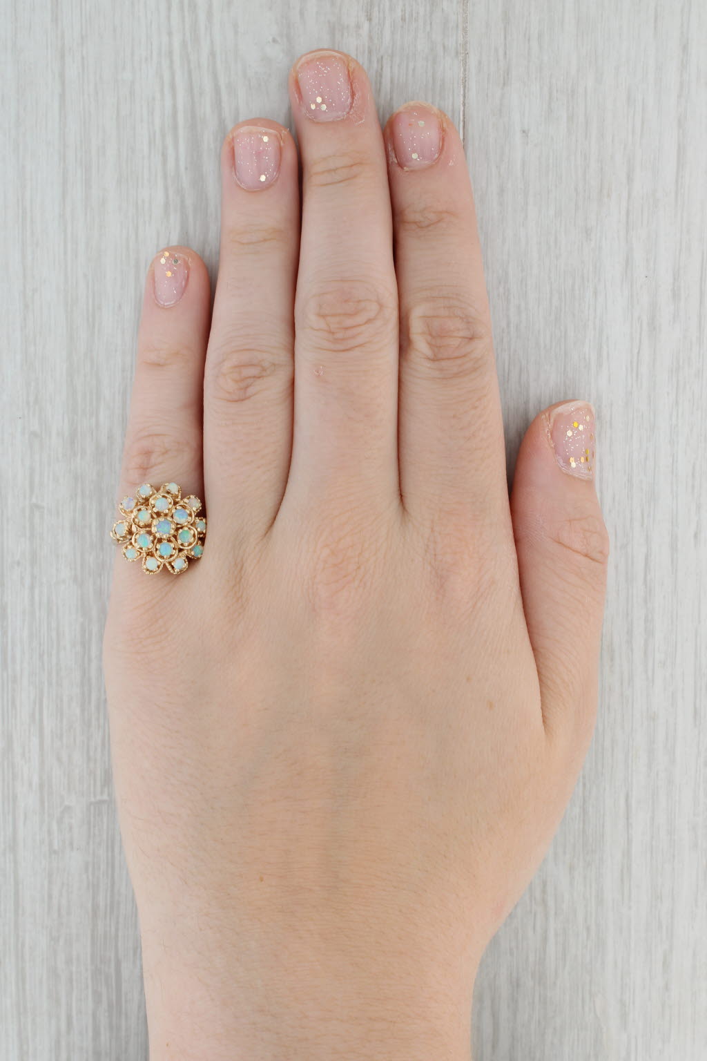 Gray Vintage Opal Cluster Ring 14k Yellow Gold Cocktail Size 6