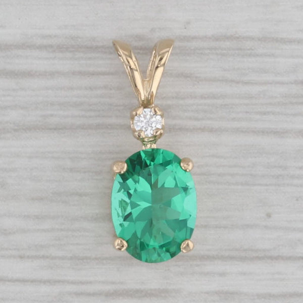 Gray Oval Green Glass Pendant 14k Yellow Gold Cubic Zirconia Small Drop
