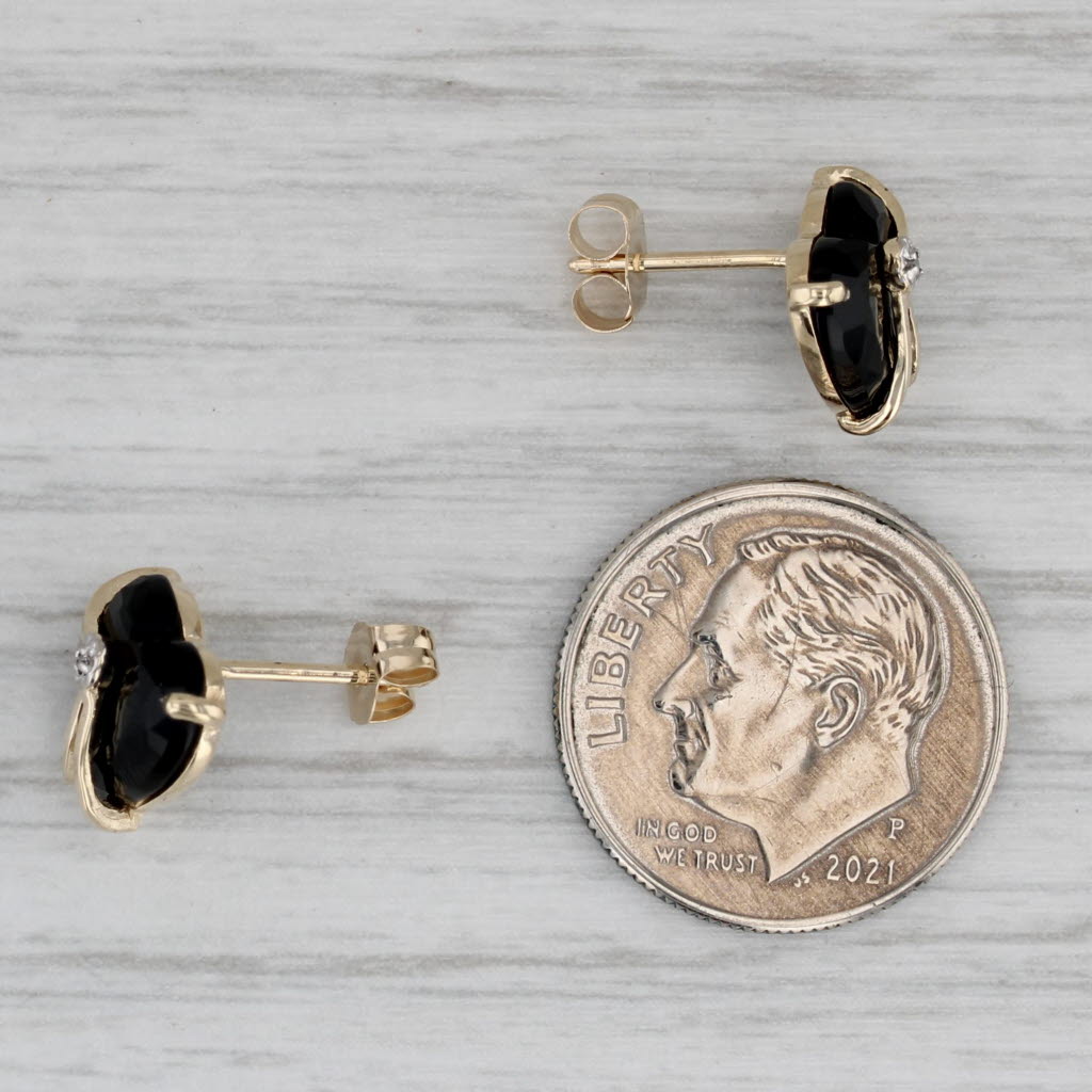 Gray Onyx Heart Stud Earrings 14k Yellow Gold Diamond Accents