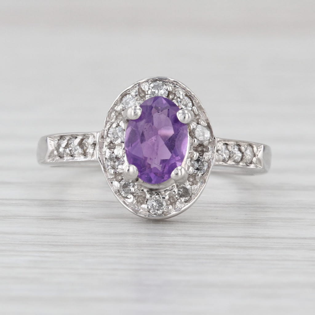 0.84ctw Oval Amethyst Diamond Halo Ring 14k White Gold Size 6.5